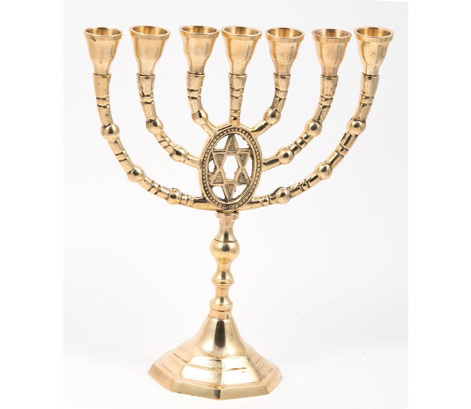 Gold Colored Brass Seven Branch Menorah, Framed Star of David – 10