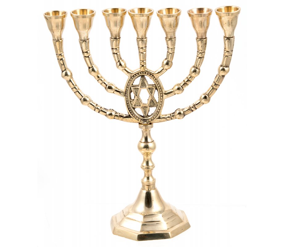 Gold Colored Brass Seven Branch Menorah, Framed Star of David – 10