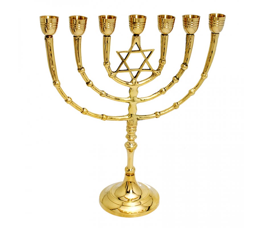 Gold Colored Brass Seven Branch Menorah on Stem, Star of David - 11”