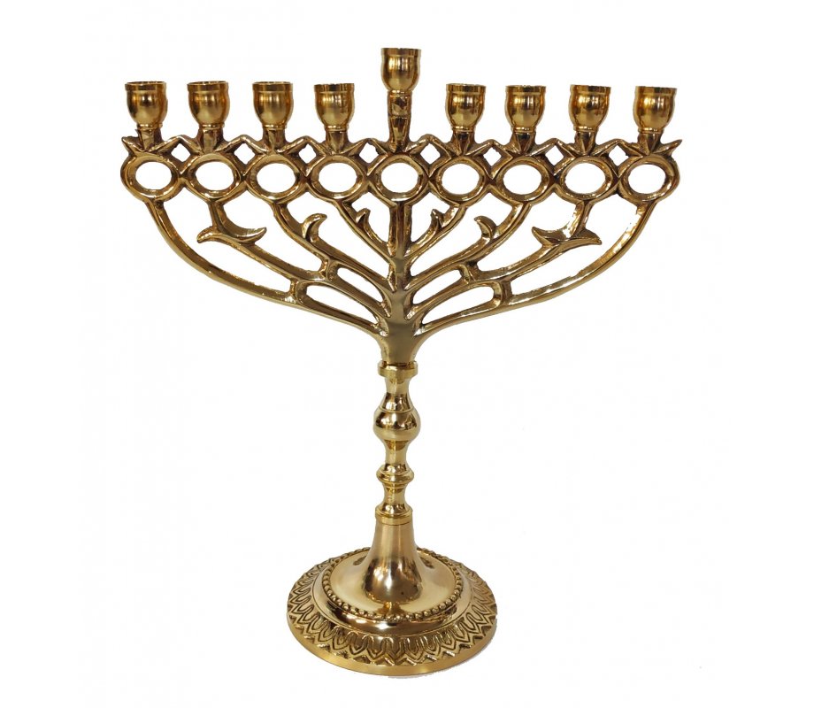 Gold Copper Chanukah Menorah with Pomegranate Images, 12 Inches - For Candles