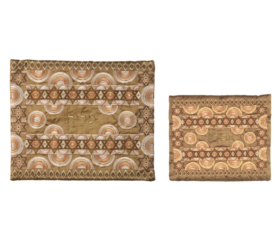 Gold Embroidered Tallit and Tefillin Bag Set - Stars of David - by Yair Emanuel