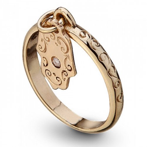 Gold Kabbalah Ring, Hanging Hamsa with Diamond for Protection - Ha'Ari
