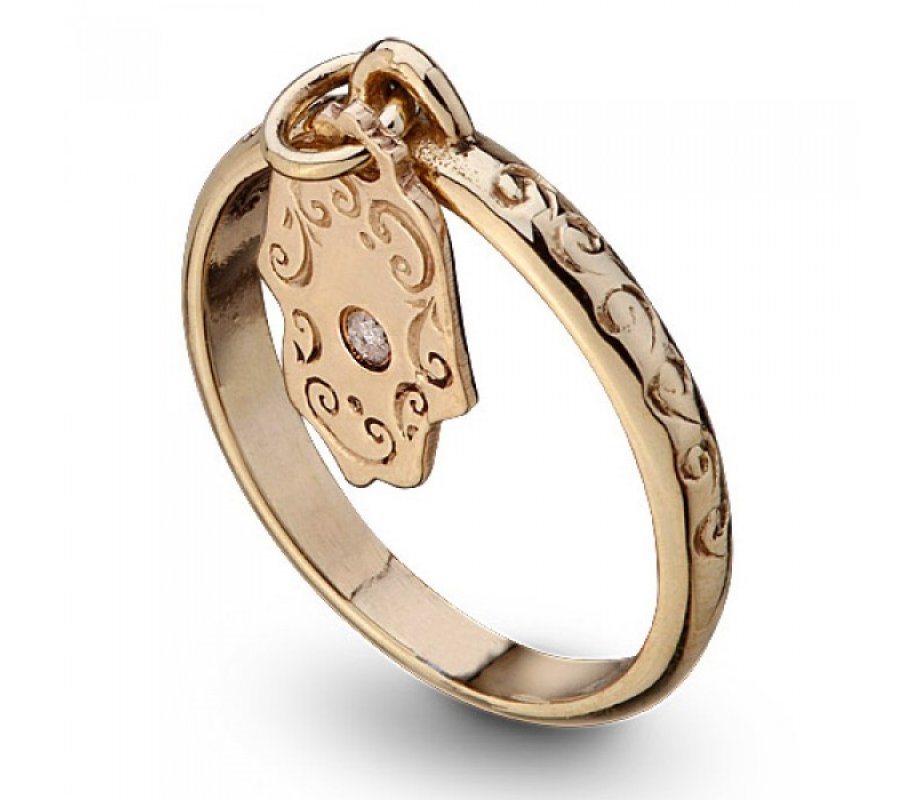 Gold Kabbalah Ring, Hanging Hamsa with Diamond for Protection - Ha'Ari