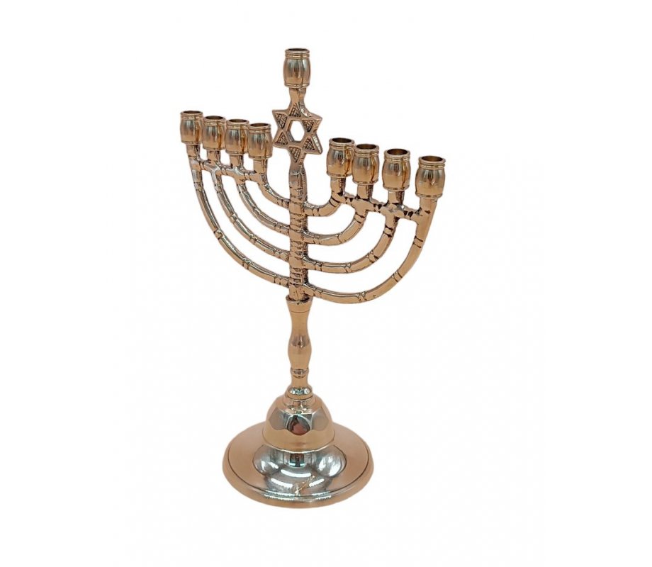 Gold Metal Chanukah Menorah, Decorative Star of David - 8 Inches High