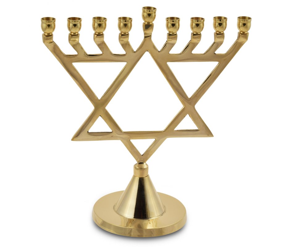 Gold Metal Chanukah Menorah with Large Star of David, for Candles - 10 Inches