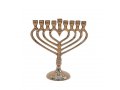 Gold Metal Chanukah Menorah with a Center of Heart Shape  7.4 Inches High