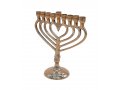 Gold Metal Chanukah Menorah with a Center of Heart Shape  7.4 Inches High