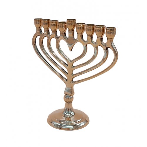 Gold Metal Chanukah Menorah with a Center of Heart Shape  7.4 Inches High