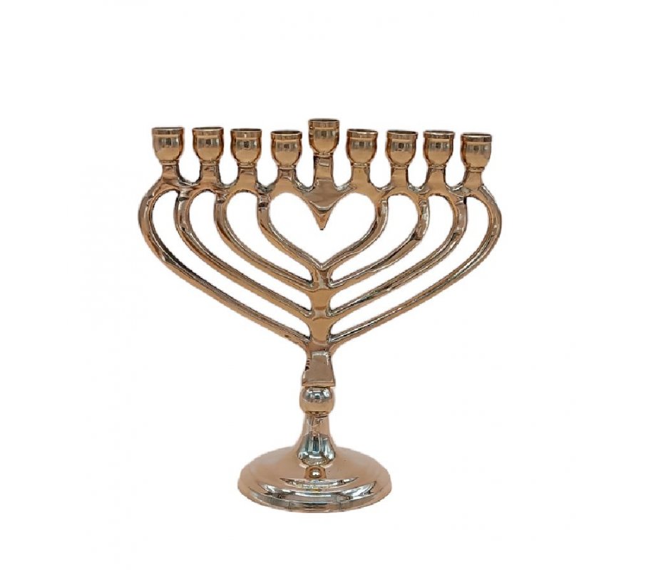 Gold Metal Chanukah Menorah with a Center of Heart Shape – 7.4 Inches High