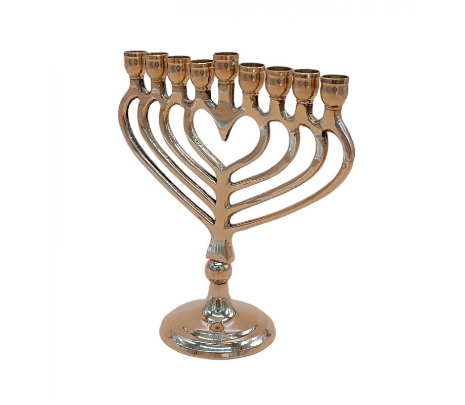 Gold Metal Chanukah Menorah with a Center of Heart Shape – 7.4 Inches High