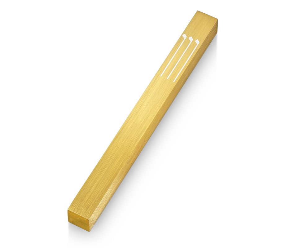 Gold Mezuah Case with Stylized Shin by Adi Sidler