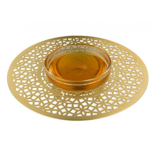 Gold Plated Honey Dish, Glass Bowl with Geometric Motif - Dorit Judaica