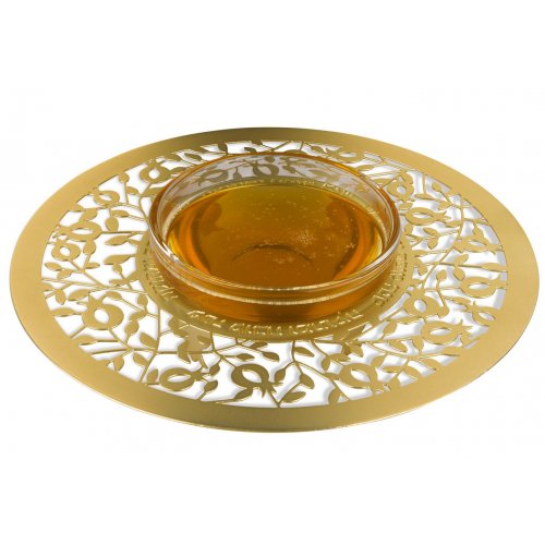 Gold Plated Honey Dish, Glass Bowl with Open Pomegranates - Dorit Judaica