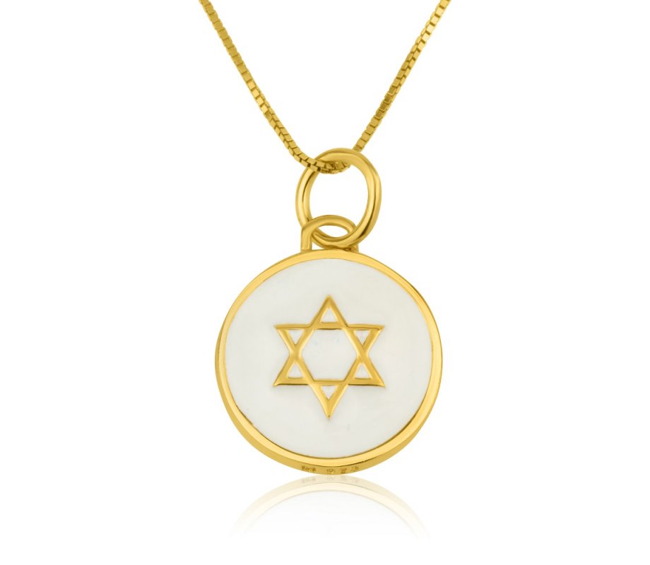 Gold Plated Sterling Silver Pendant Necklace – Star of David on White Enamel Pendant