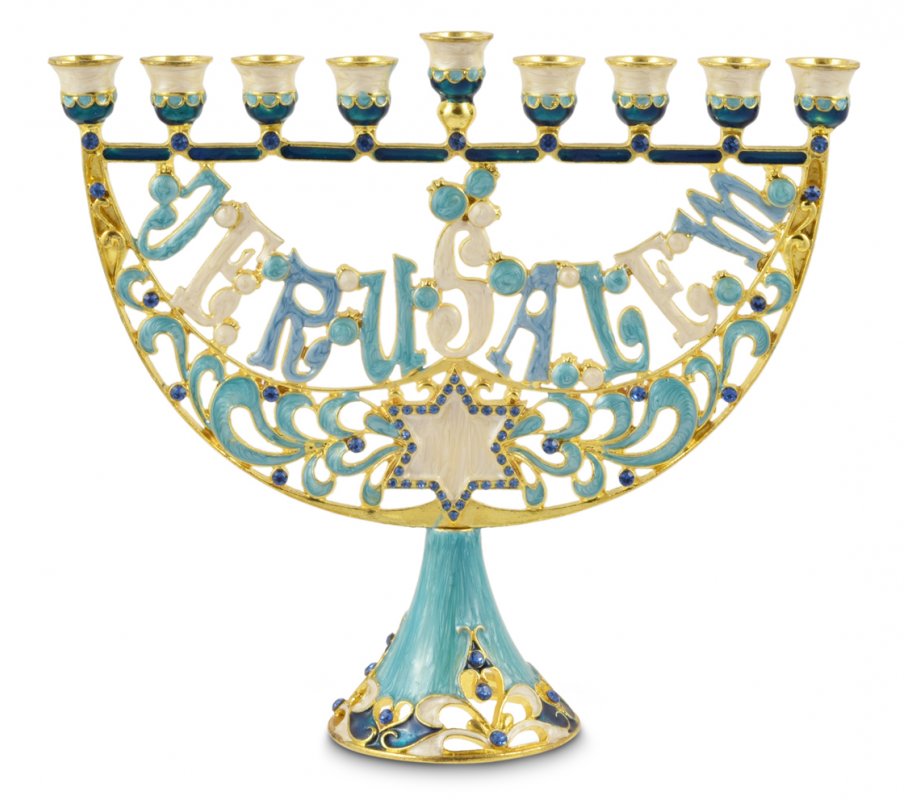 Gold and Light Blue Star of David and Jerusalem Menorah, Enamel - For Decoration