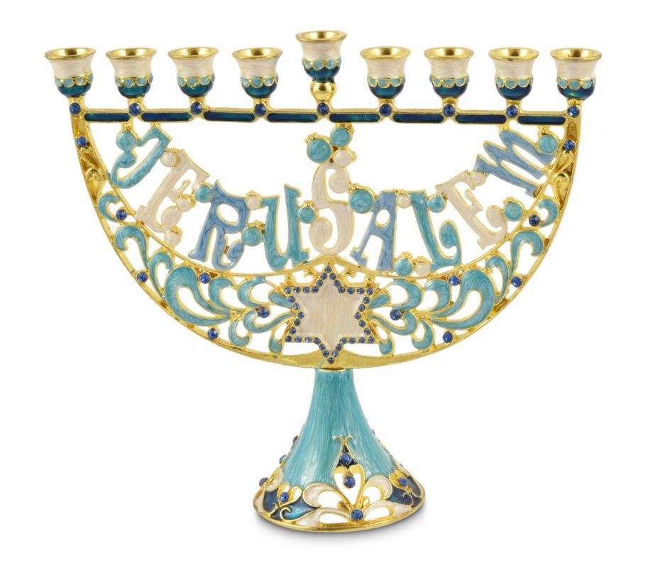 Gold and Light Blue Star of David and Jerusalem Menorah, Enamel - For Decoration
