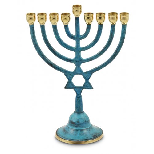 Gold and Patina Hanukkah Menorah with Star of David, for Candles - 9 Inches