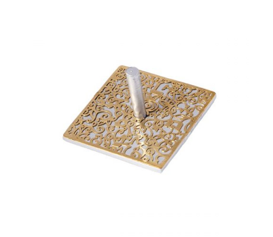 Gold and Silver Dreidel with Cut Out Floral and Pomegranate Design - Yair Emanuel