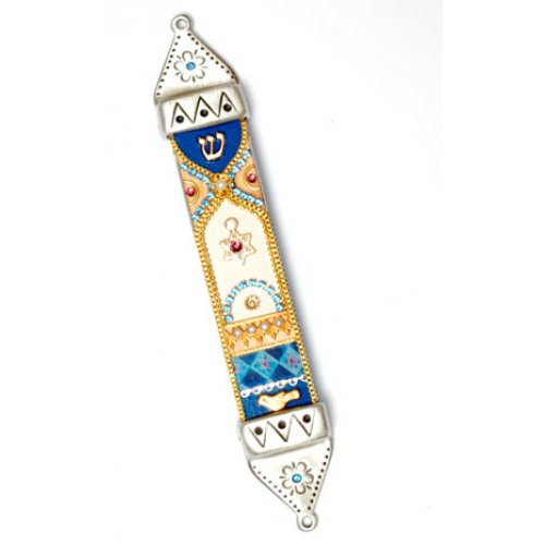 Gold-Blue Pewter Mezuzah Case - Ester Shahaf