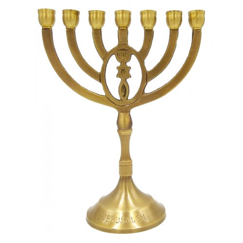 Grafted In Design on 7 Branch Menorah, Antique Look on Dark Gold Brass - 8