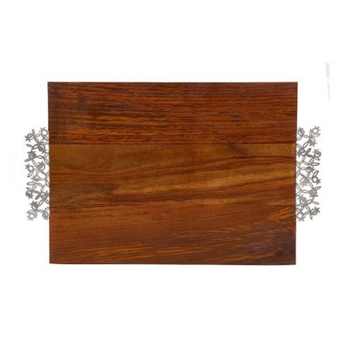 Grained Dark Wood Challah Board with Laser Cut Handles, Pomegranates - Yair Emanuel