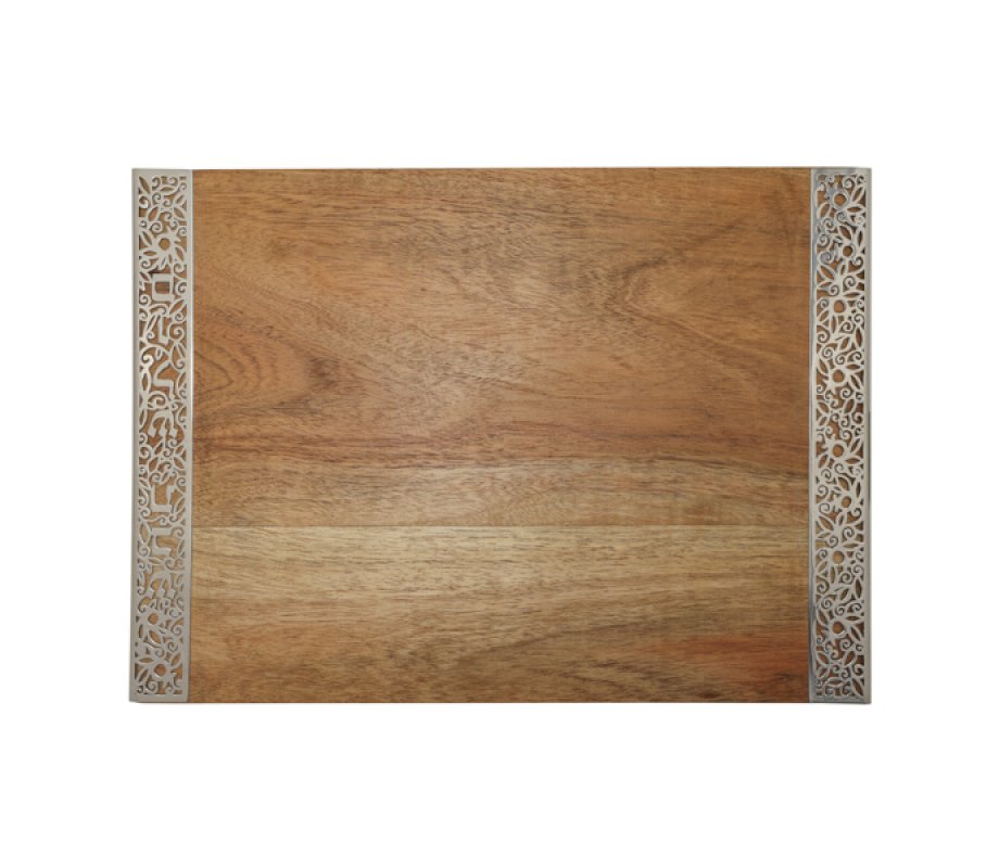 Grained Wood Challah Board with Decorative Metal Cutout Border - Yair Emanuel