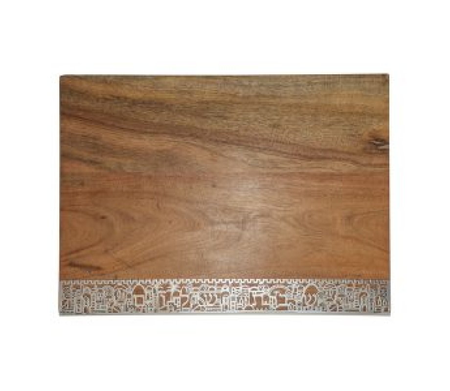 Grained Wood Challah Board with Decorative Metal Cutout Border - Yair Emanuel