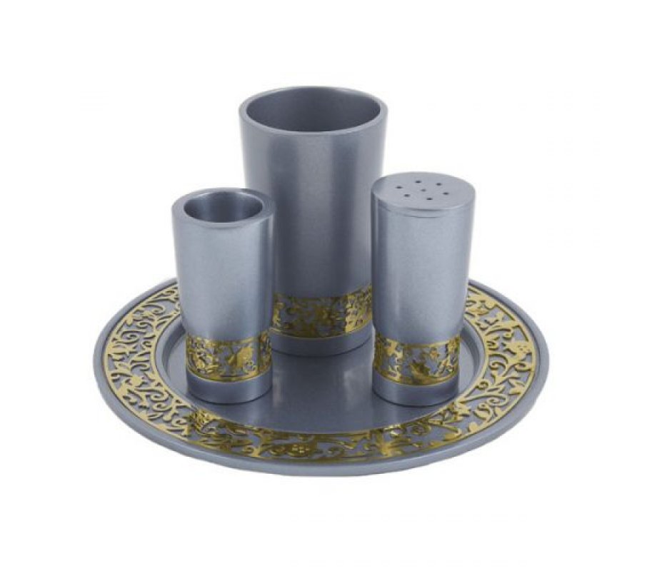 Gray Aluminum Havdalah Set with Gold Pomegranates Band - Yair Emanuel