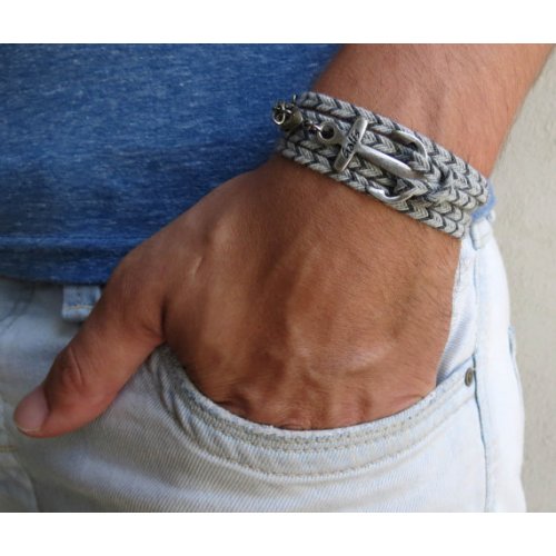 Gray Fabric Triple Wrap Men's Bracelet with Silver Plated Anchor