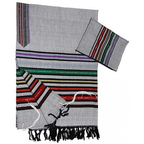 Gray Handwoven Silk Tallit Prayer Shawl Set Josephs Multicolor Design - Gabrieli