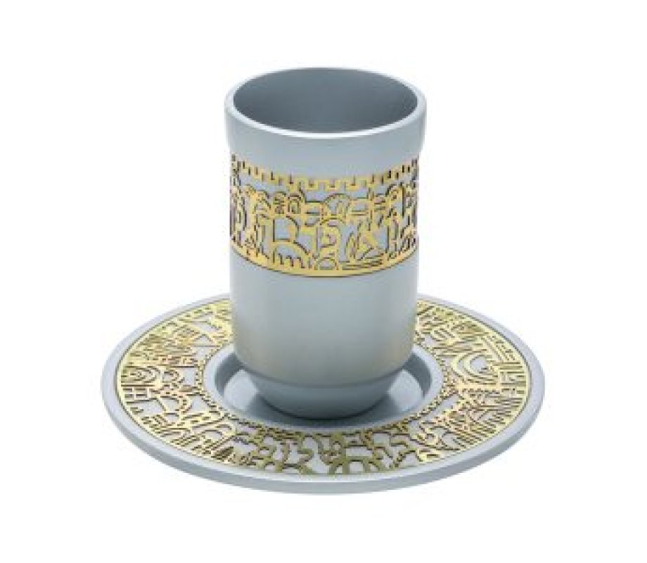 Gray Kiddush Cup and Plate, Jerusalem Images with Blessing Words - Yair Emanuel