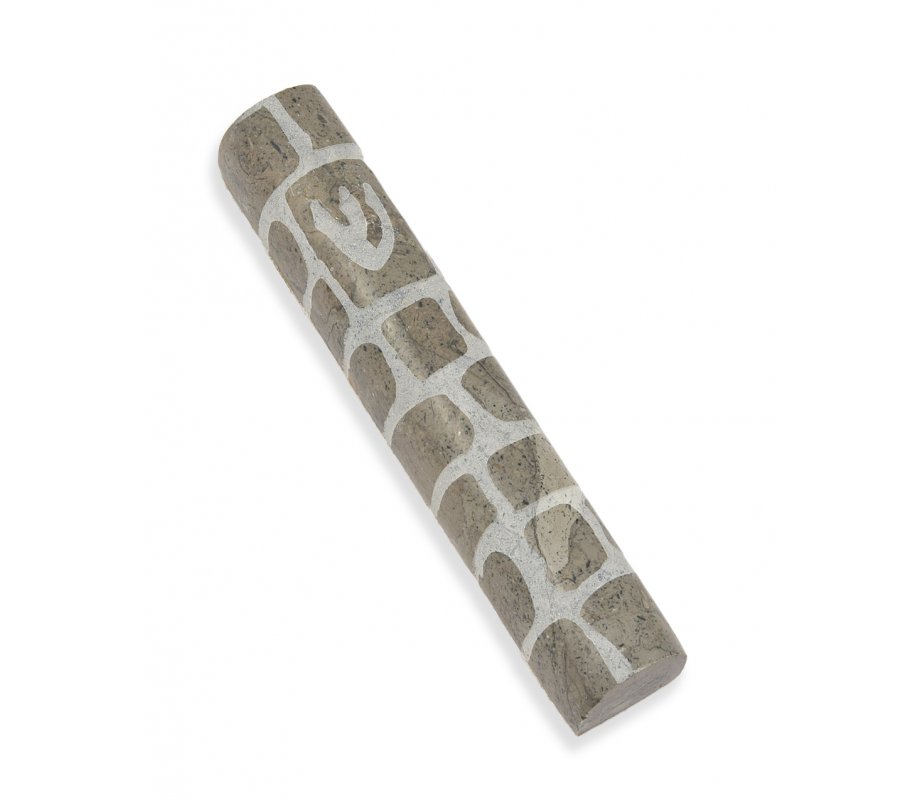 Gray and White Jerusalem Stone Mezuzah Case with Western Wall Image - 4.3