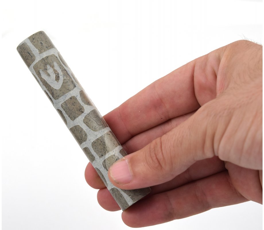 Gray and White Jerusalem Stone Mezuzah Case with Western Wall Image - 4.3