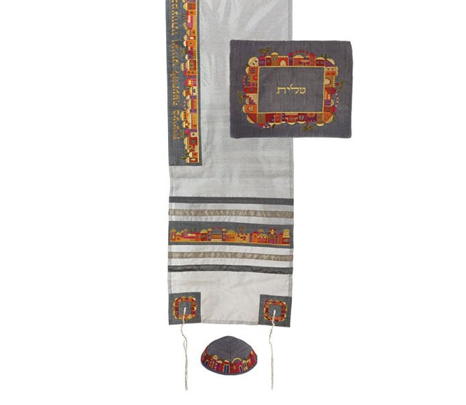 Gray on White Polysilk Tallit Set Colorful Embroidered Jerusalem Design - Yair Emanuel