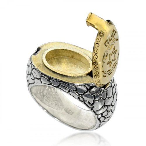HaAri Gold and Silver Signet Snake Ring, Kabbalah Etchings and a Secret Compartment