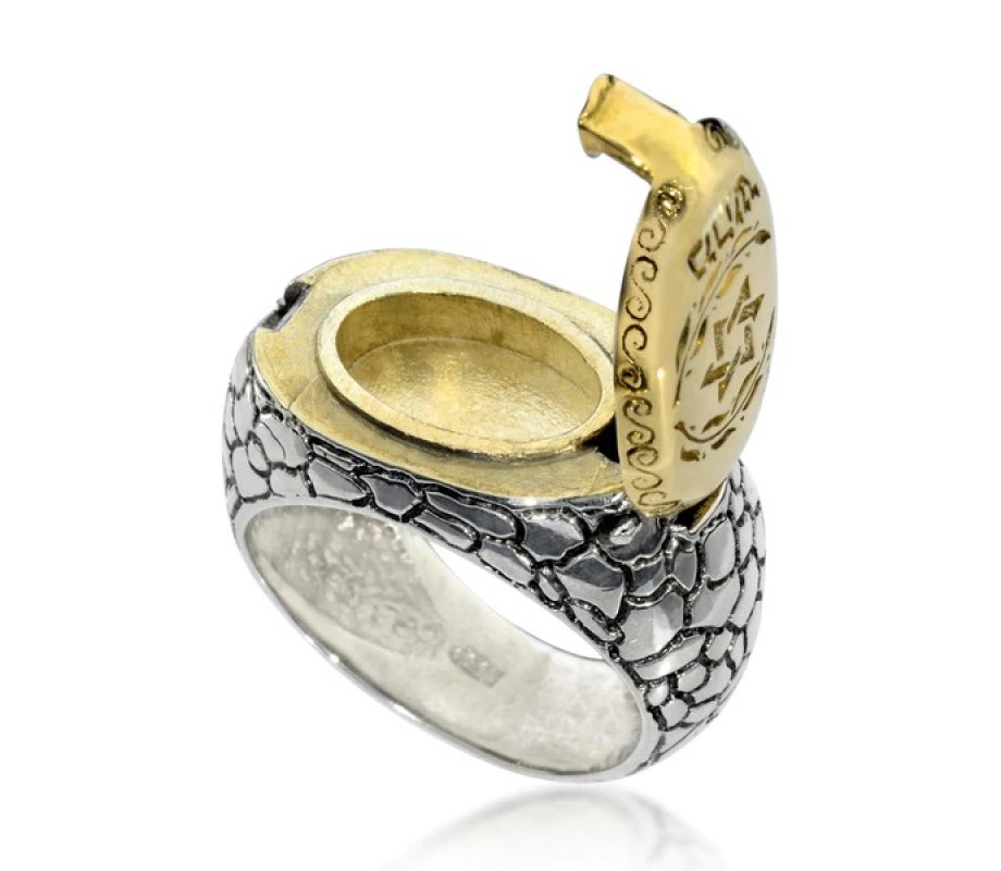 HaAri Gold and Silver Signet Snake Ring, Kabbalah Etchings and a Secret Compartment