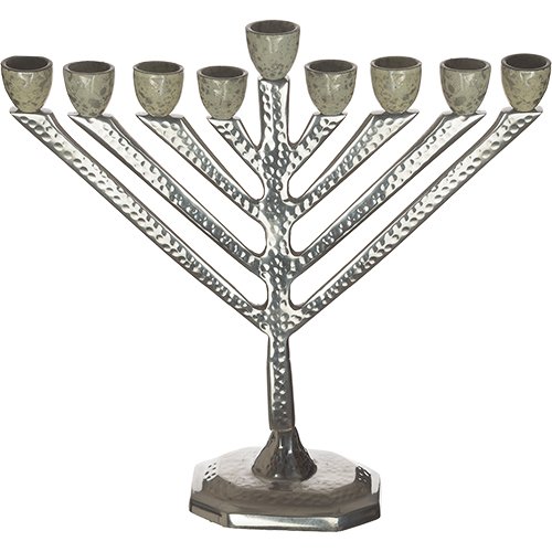 Hammered Aluminum Chabad Lubavitch Chanukah Menorah, Silver and Gray - 11.6