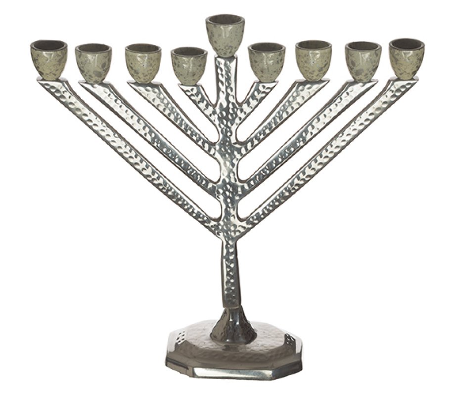 Hammered Aluminum Chabad Lubavitch Chanukah Menorah, Silver and Gray - 11.6