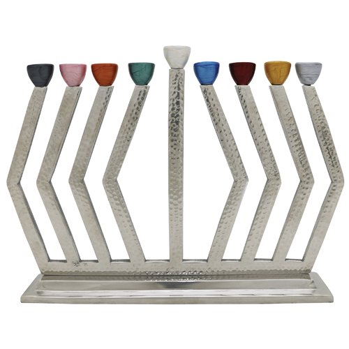 Hammered Aluminum Chanukah Menorah with Colorful Cups