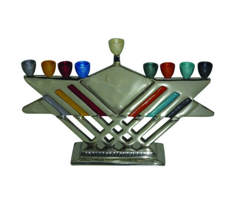 Hammered Aluminum Chanukah Menorah with Colorful Star of David