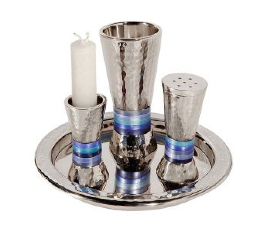 Hammered Aluminum Cone Shaped Havdalah Set, Blue Bands - Yair Emanuel