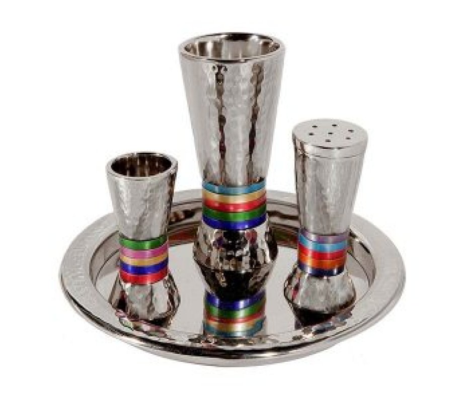 Hammered Aluminum Cone Shaped Havdalah Set, Multicolor Bands - Yair Emanuel