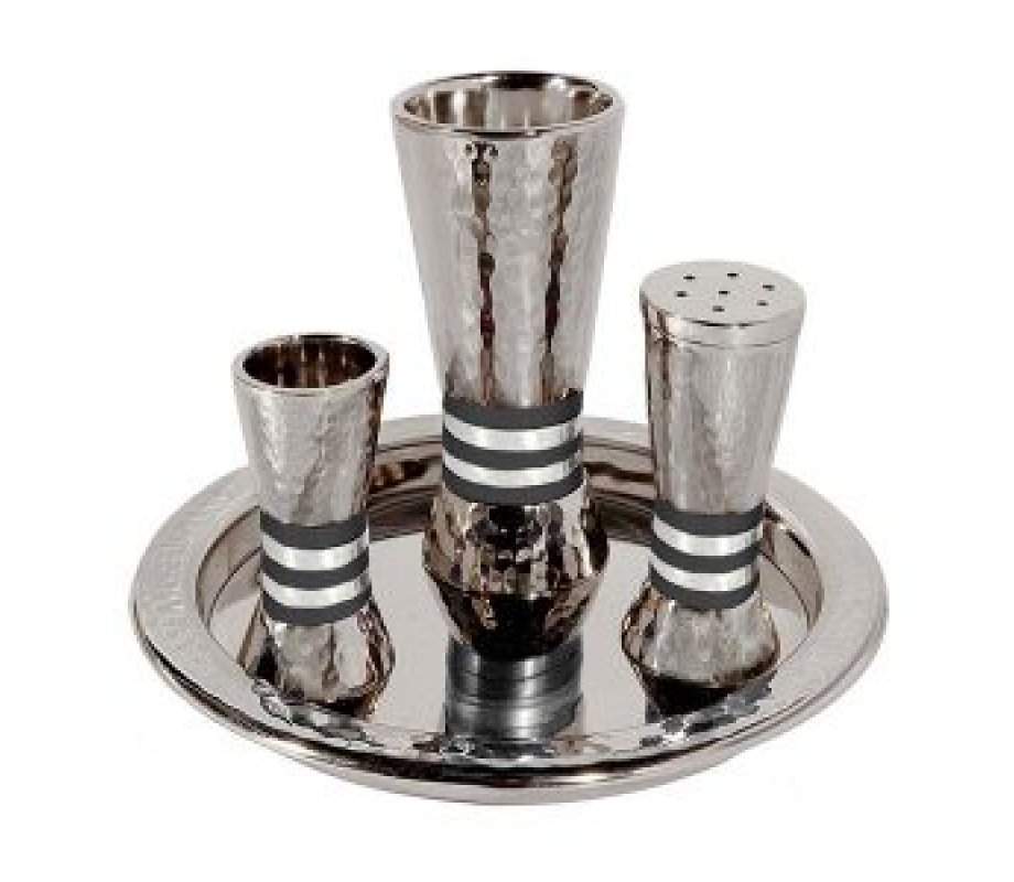 Hammered Aluminum Cone Shaped Havdalah Set, Silver and Black Bands- Yair Emanuel