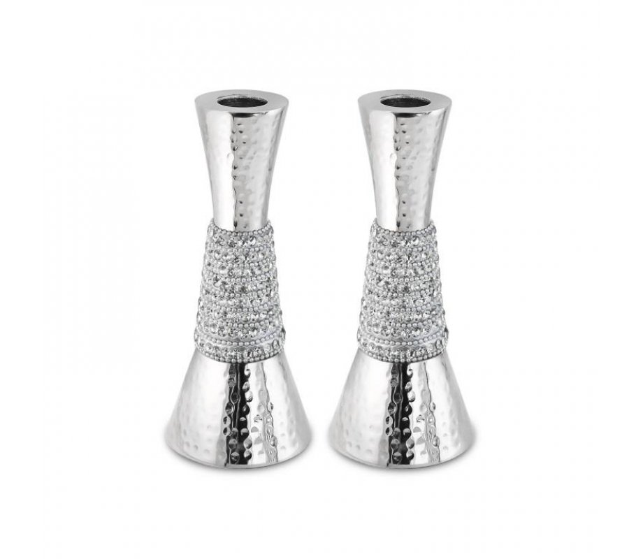 Hammered Aluminum Cone Shaped Shabbat Candlesticks – Silver Crystals Decorative Band