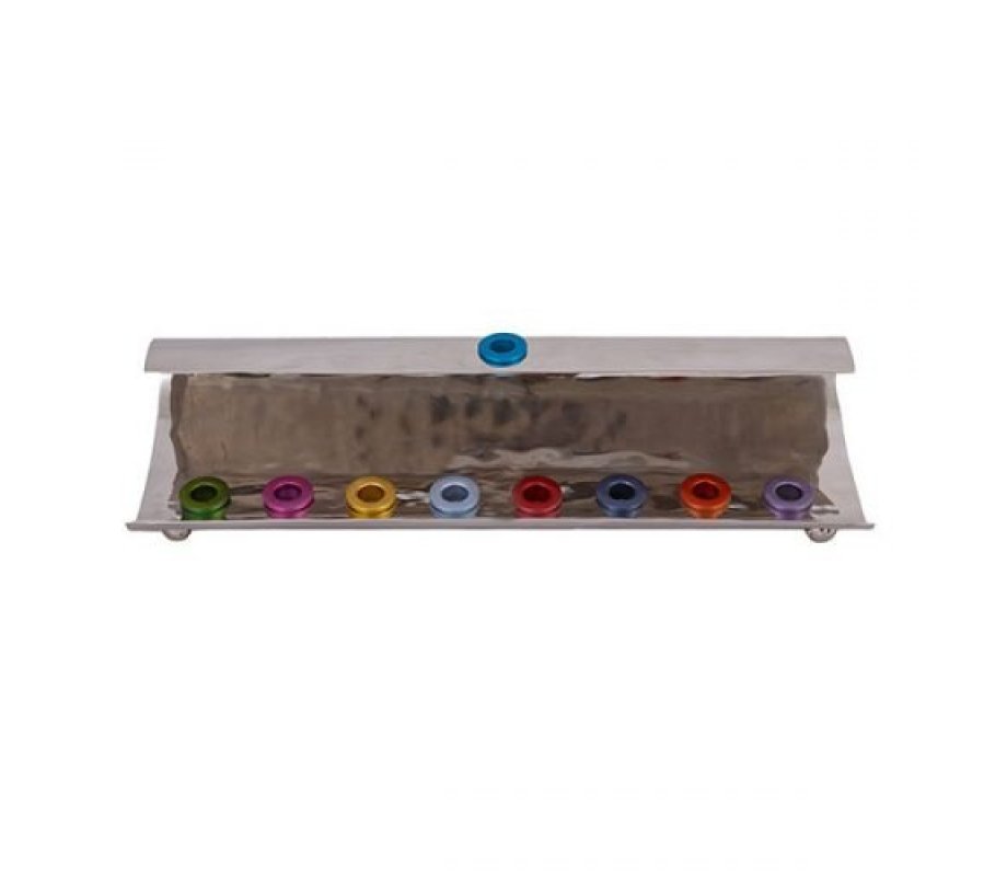 Hammered Aluminum Hanukkah Menorah Wave Design, Multicolored - Yair Emanuel