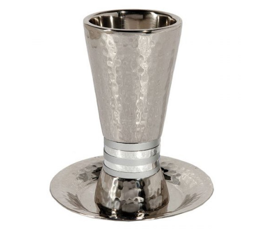 Hammered Aluminum Kiddush Cup Set, Silver Rings - Yair Emanuel