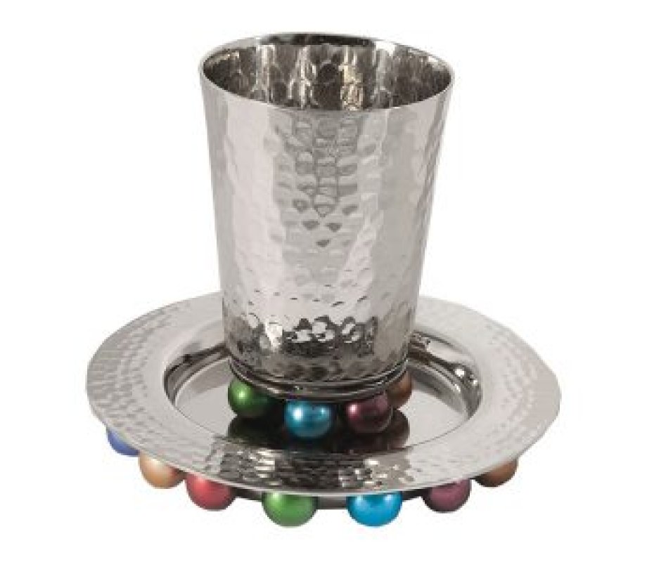 Hammered Aluminum Kiddush Set with Decorative Balls, Colorful - Yair Emanuel