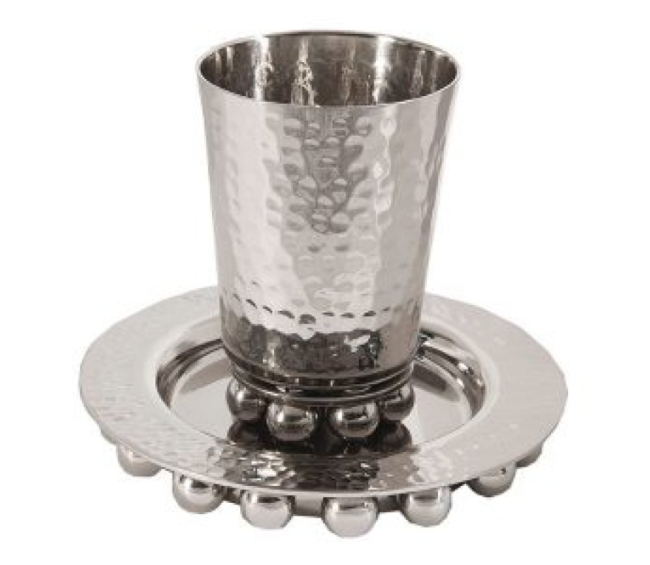 Hammered Aluminum Kiddush Set with Decorative Balls, Silver - Yair Emanuel