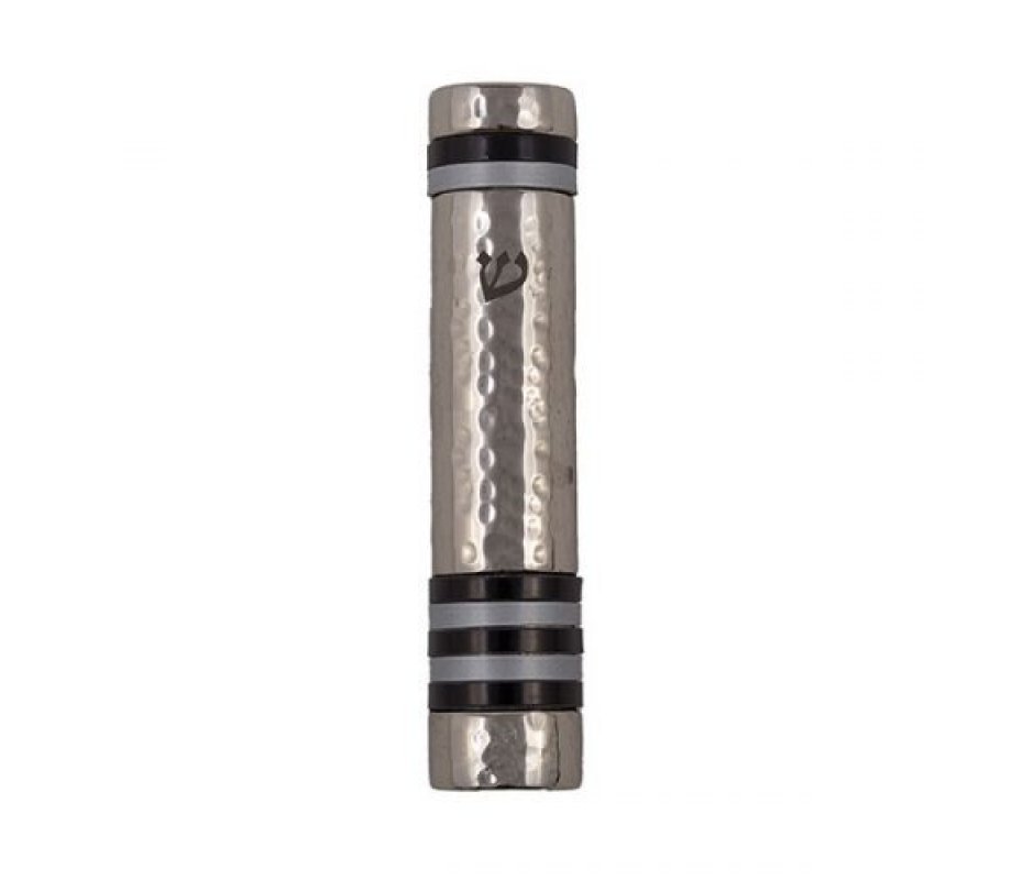 Hammered Aluminum Silver Mezuzah Case, Black Bands - Yair Emanuel