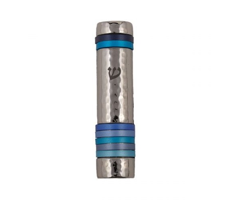 Hammered Aluminum Silver Mezuzah Case, Blue Bands - Yair Emanuel